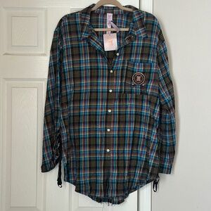 Brand New Savage X Fenty Tied Up Tartan Raw Hem Sleep Shirt Plaid Blue Size XL